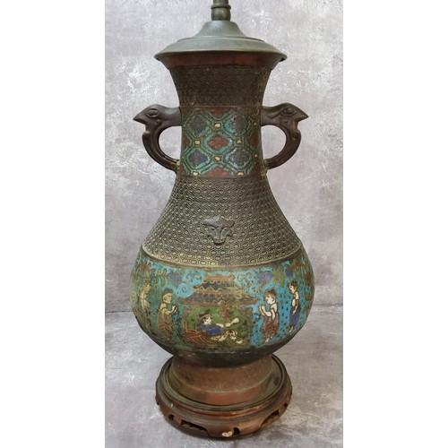 93 - A Japanese Meiji period bronze and champleve enamel vase, 19th century, of large proportions, conver... 