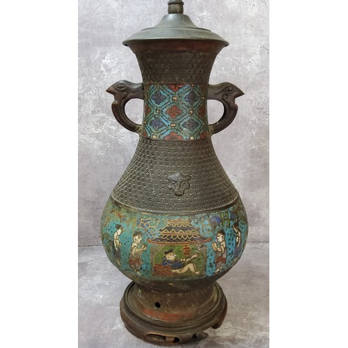 93 - A Japanese Meiji period bronze and champleve enamel vase, 19th century, of large proportions, conver... 