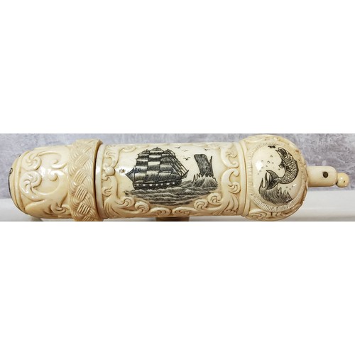 96 - An unusual 'scrimshaw' walking stick carved with whaling ship, compass and fish, hardwood shaft, the... 