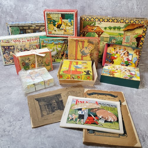 46 - Early / mid 20th century nursery rhyme related puzzle blocks boxed; 1951 The Tiney book of Amusement... 