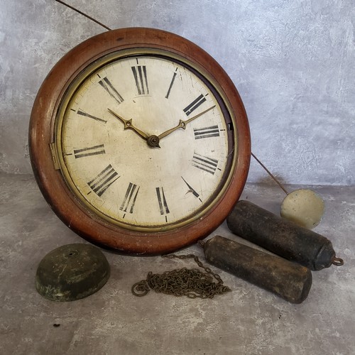 325 - A 19th century school clock, with pendulum and weights (for restoration)