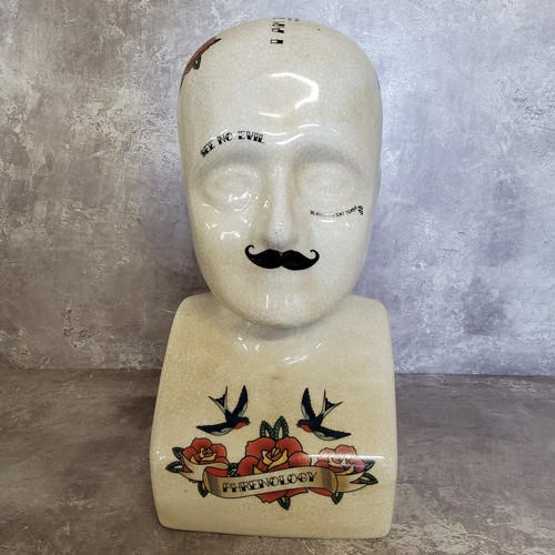 326 - A large modern crackle glazed 'phrenology' bust with Ed Hardy style tattoo decoration