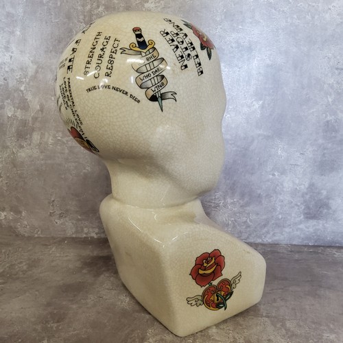 326 - A large modern crackle glazed 'phrenology' bust with Ed Hardy style tattoo decoration