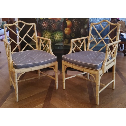 8 - A good pair of 'George III' Chinese Chippendale Revival faux bamboo elbow chairs, washed in cream wi... 