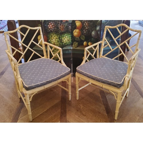 8 - A good pair of 'George III' Chinese Chippendale Revival faux bamboo elbow chairs, washed in cream wi... 