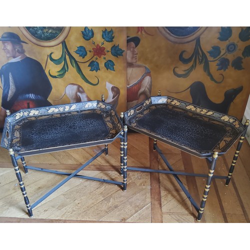 13 - A black papier-mâché style metal tray topped table on foldable X-frame base; another (2... 