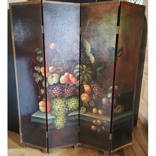 40 - A hand painted four fold modesty screen, the vibrant oil painted still life observation of a harvest... 