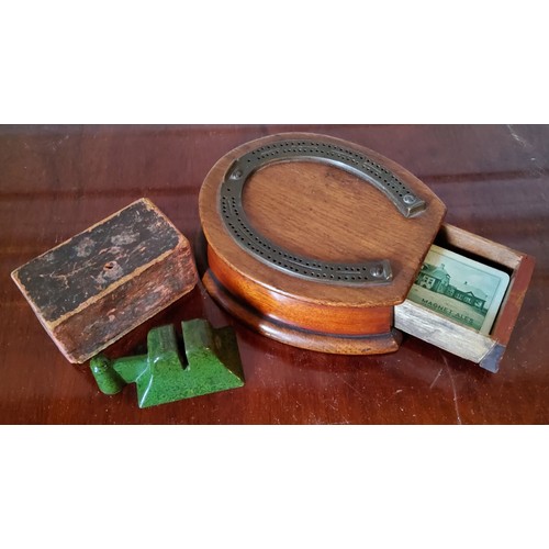 73 - A late Victorian oak brass mounted Horseshoe cribbage board with drawer; a boxed bakelite 'Rotary' k... 