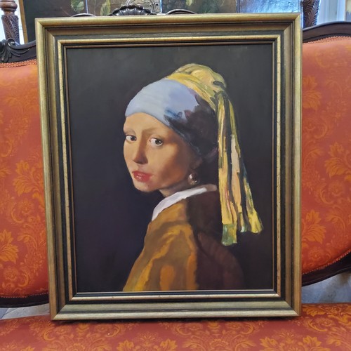 78 - After Vermeer, Girl With A Pearl Earring, 20th century original oil painting on canvas, 37 x 45cms f... 