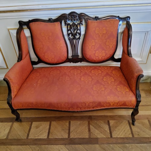 125 - An Edwardian 'Hepplewhite' two seater salon sofa upholstered in rich terracotta and gold tones c.190... 