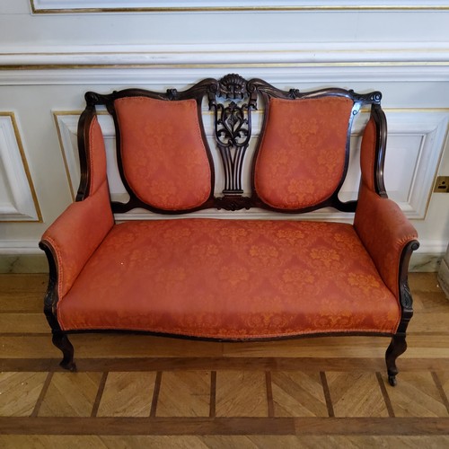 125 - An Edwardian 'Hepplewhite' two seater salon sofa upholstered in rich terracotta and gold tones c.190... 