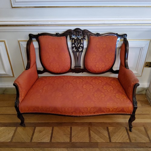 125 - An Edwardian 'Hepplewhite' two seater salon sofa upholstered in rich terracotta and gold tones c.190... 