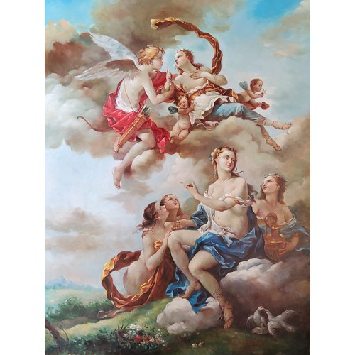 129 - A 'Renaissance' painting 'Allegory of Love', signed Henry Francis, 20th century, unframed123 x 92cms... 