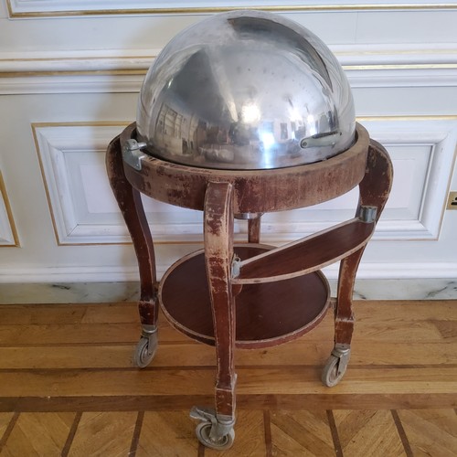 131 - A 1940's domed carving trolley, vented dome with stainless steel spiked carving surface, meat juice ... 