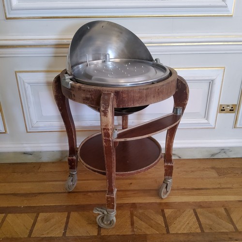 131 - A 1940's domed carving trolley, vented dome with stainless steel spiked carving surface, meat juice ... 