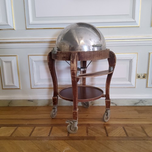 131 - A 1940's domed carving trolley, vented dome with stainless steel spiked carving surface, meat juice ... 