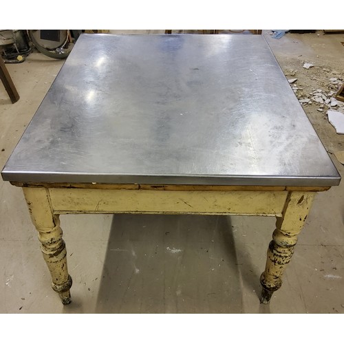 139 - A Victorian pine kitchen table, heavily distressed paint, with a bespoke stainless steel cover for k... 