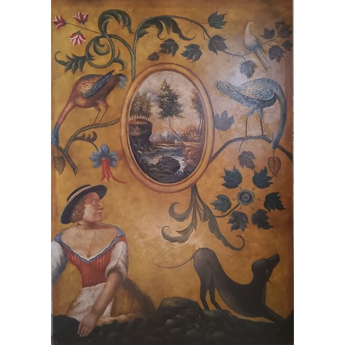 152 - Interior Design - A large continental hand painted panel depicting a maiden and her dog, stylised he... 