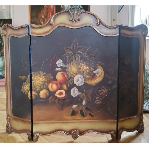 153 - A decorative triptych table/fire screen hand painted with a still life observation of a harvest of a... 