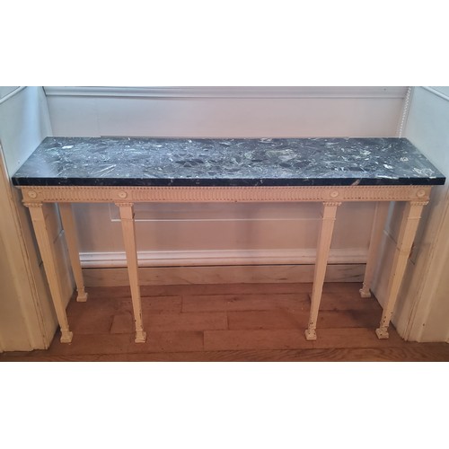 157 - A French green marble topped console table, painted and distressed in tones of white, raised on 6 ta... 