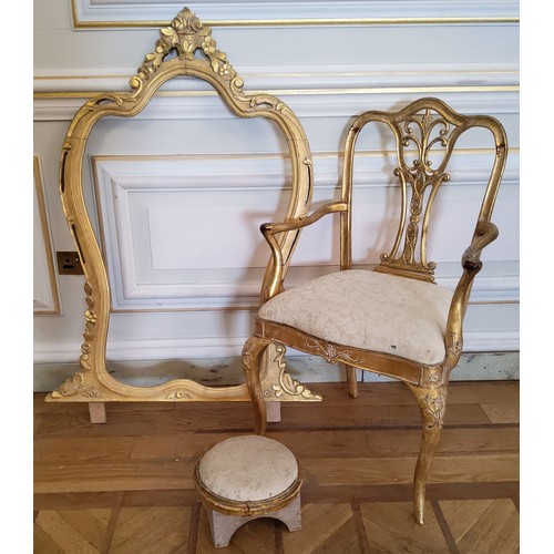 158 - A Louis XVI cartouche gilt mirror frame, (129cmh  x 78cm wide) a Louis XVI gilt wood footstool ... 