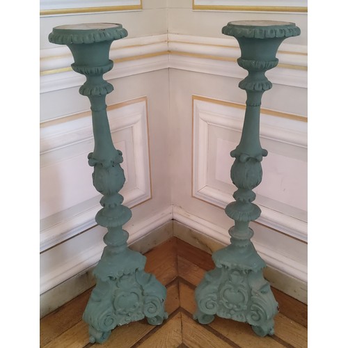 162 - A pair of substantial torchères , constructed from moulded resin, painted green, suitabl... 