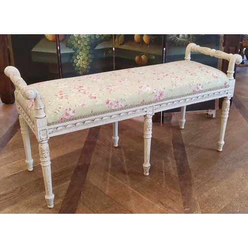 163 - A Louis XV style French duet stool, painted in white.114cm long  x 58cm high x 38cm deep