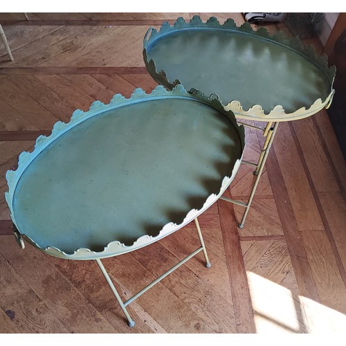 195 - A French style oval garden table painted green metal, swing handles, raised shaped rim 65 w x 71cms ... 