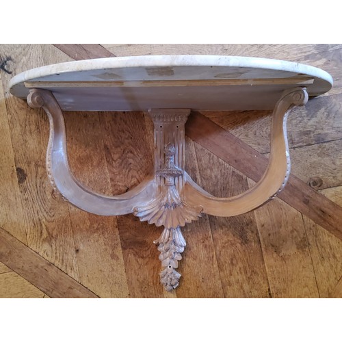 210 - A wall hanging console table, limed oak effect support, white marble demi lune top 80 w x 40 d x 44c... 