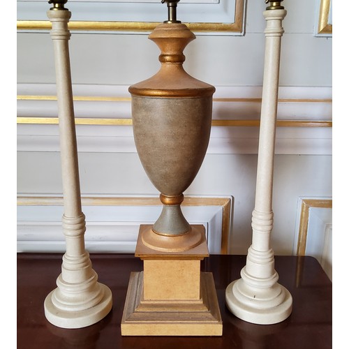 212 - A contemporary painted wood table lamp in the form of an urn on plinth 50cms high; a pair of cream m... 