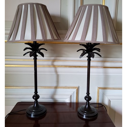 216 - A pair of black/brown metal table lamps in the form of a palm tree, 51cms high excluding shades (PAT... 