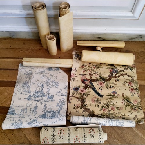 201 - Attic Finds - Various Toile De Jouy rolls ofwallpaper, an old off cut, handwritten original Chintz, ... 