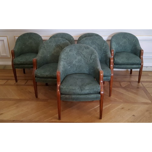 159 - Seven, Frank Hudson oak framed reception tub chairs, green upholstered