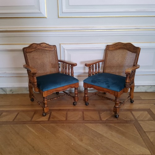 156 - Pair of French bergere chairs, upholstered teal cover, 86cm h x 57cm d x 68cm wide