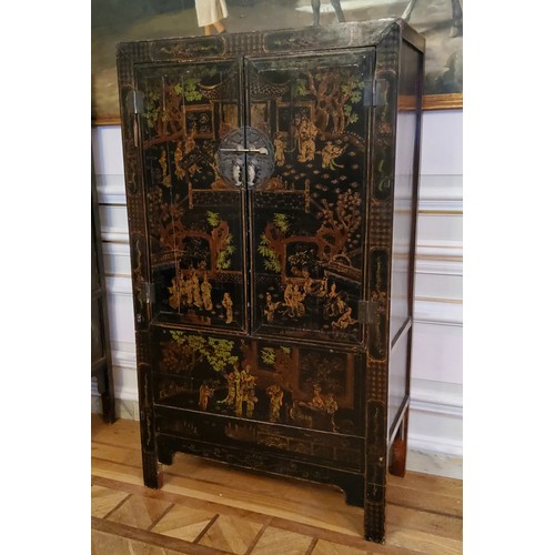 3 - An 18th century style Chinese black lacquered marriage chest, decorated with pseudo-Oriental temple ... 