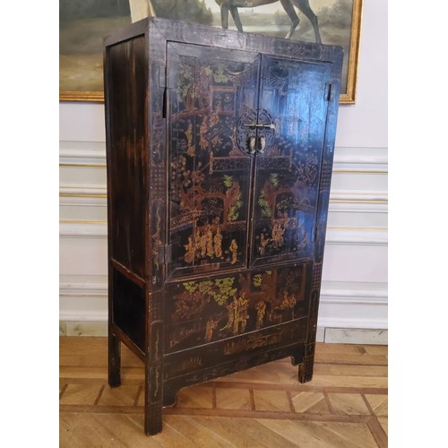 3 - An 18th century style Chinese black lacquered marriage chest, decorated with pseudo-Oriental temple ... 