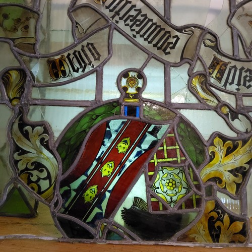 67 - Local Interest - an early stained glass window fragment, depicting a the Eyre family armorial with L... 