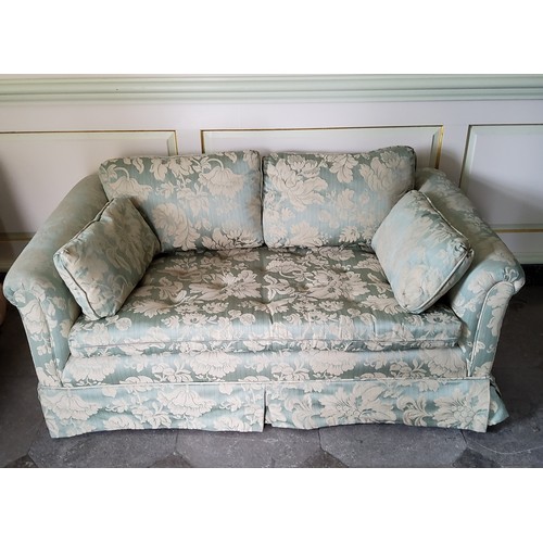 238 - A small country house two seater 'loving seat' sofa with bold floral damask upholstery in tones of s... 