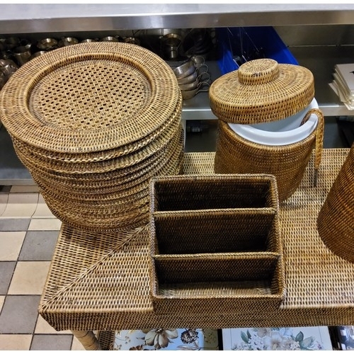 248 - Rattan serving table,  3 rattan wine bottle holder, rattan ice bucket, 12 rattan plates, rattan... 