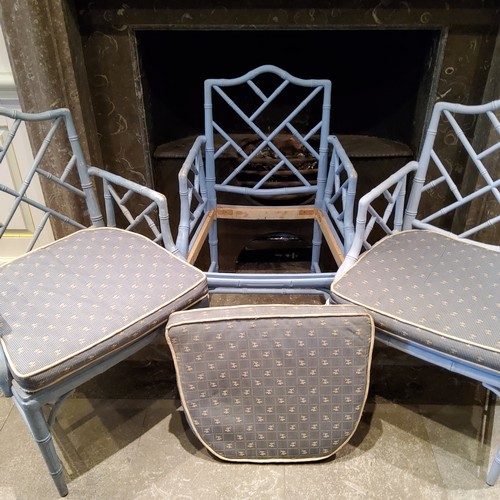 259 - Three 'George III' Chinese Chippendale Revival faux bamboo elbow chairs painted and distressed powde... 