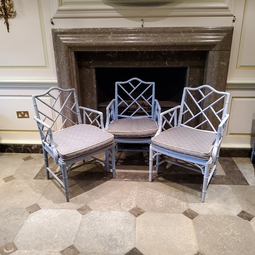 259 - Three 'George III' Chinese Chippendale Revival faux bamboo elbow chairs painted and distressed powde... 