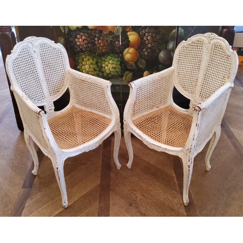 262 - A pair of Louis XVI style French bergere boudoir tub chairs, slender cabriole legs