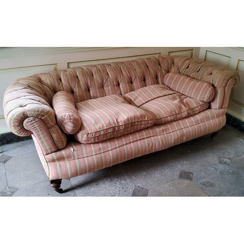 274 - A Victorian deep button backed Chesterfield type country house sofa, traditional pink pin-striped Fr... 