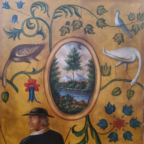 154 - A large continental style oil on canvas panel, a beau and his dog, stylised herons in foliage, the c... 