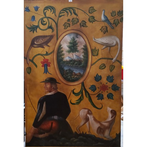 154 - A large continental style oil on canvas panel, a beau and his dog, stylised herons in foliage, the c... 