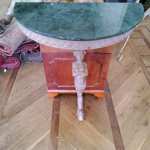 166 - A 'limed oak' wall hanging console table, caryatid leg supporting a demi-lune green marble top 90 w ... 