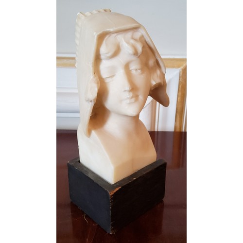 296 - A marble bust of a Dutch girl on wooden plinth 