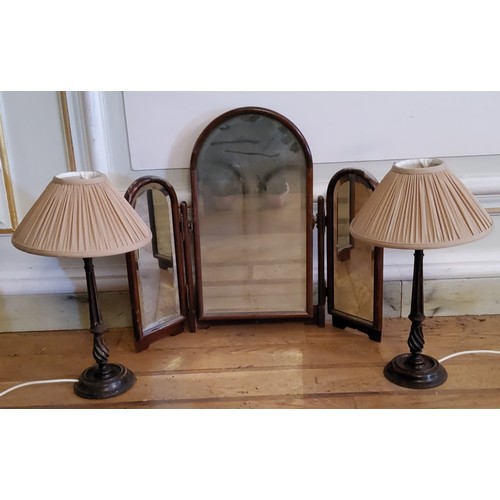 173 - A pair of twisted table lamps, arched triptych dressing table mirror (3)