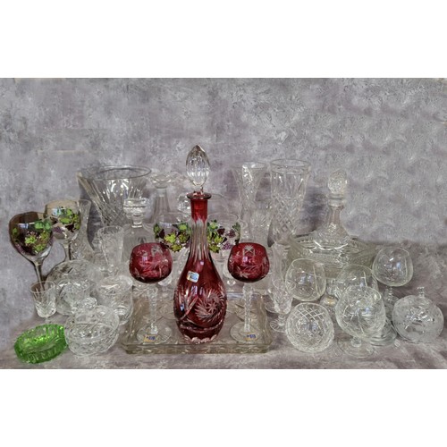 233 - Glassware including a German Lausitzer cranberry glass decanter and two hock glasses; another four d... 