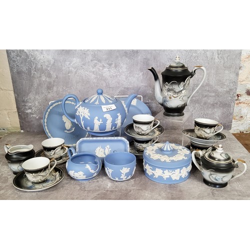 231 - Wedgwood Jasperware including teapot, milk jug, two teacups, a circular trinket pot & cover, obl... 